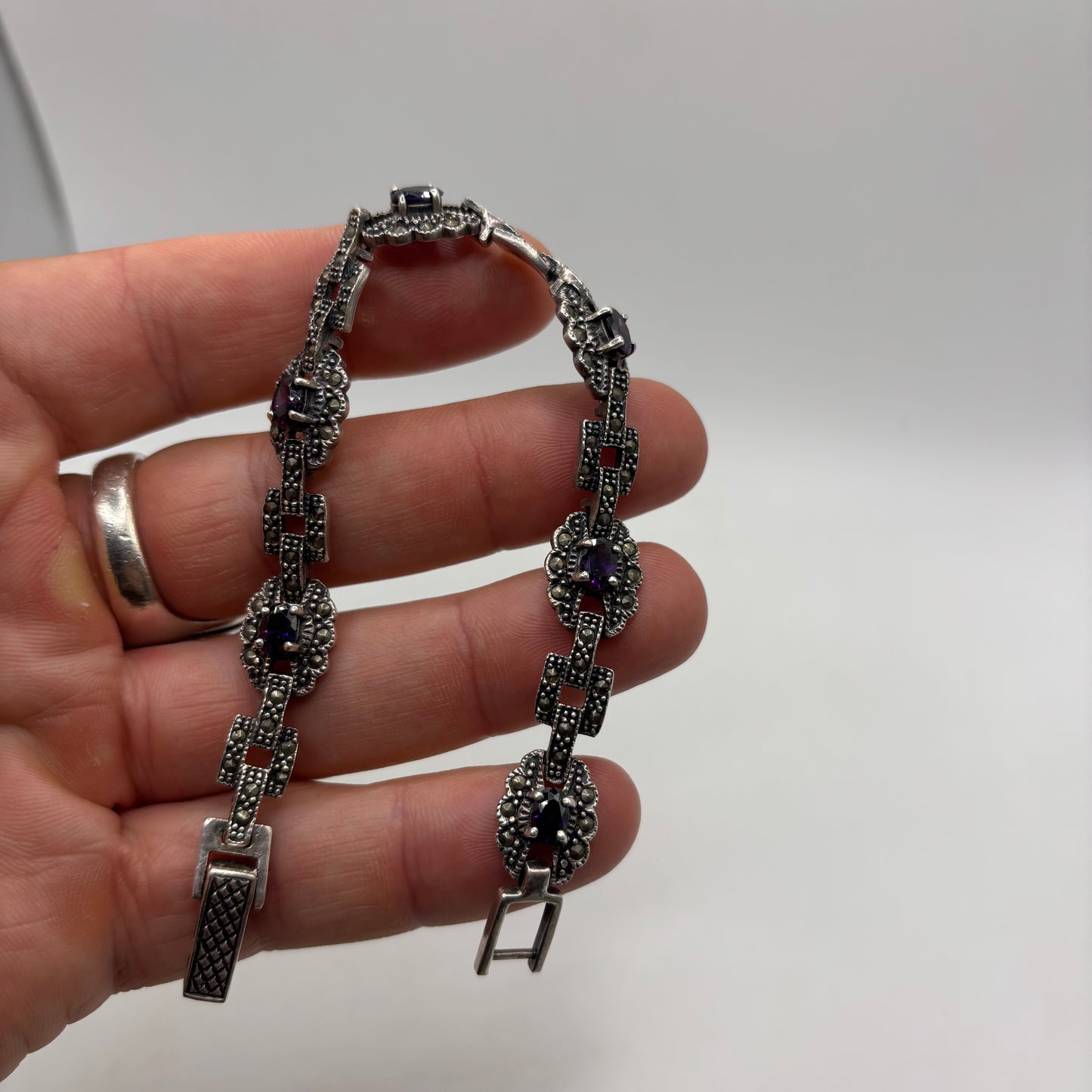 Silver 7.5” Amethyst & Marcasite Bracelet