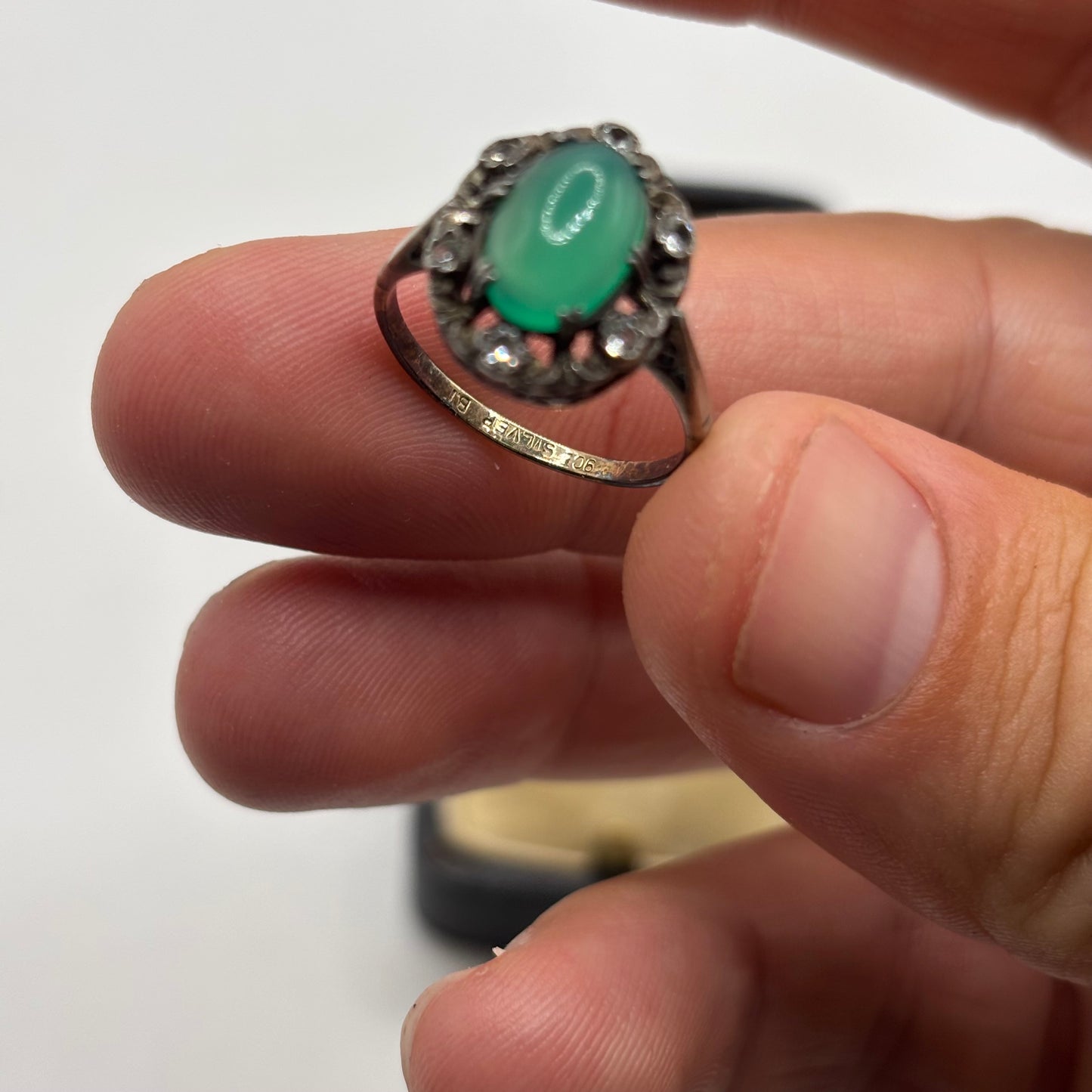Silver Vintage Jade & CZ Ring (N)
