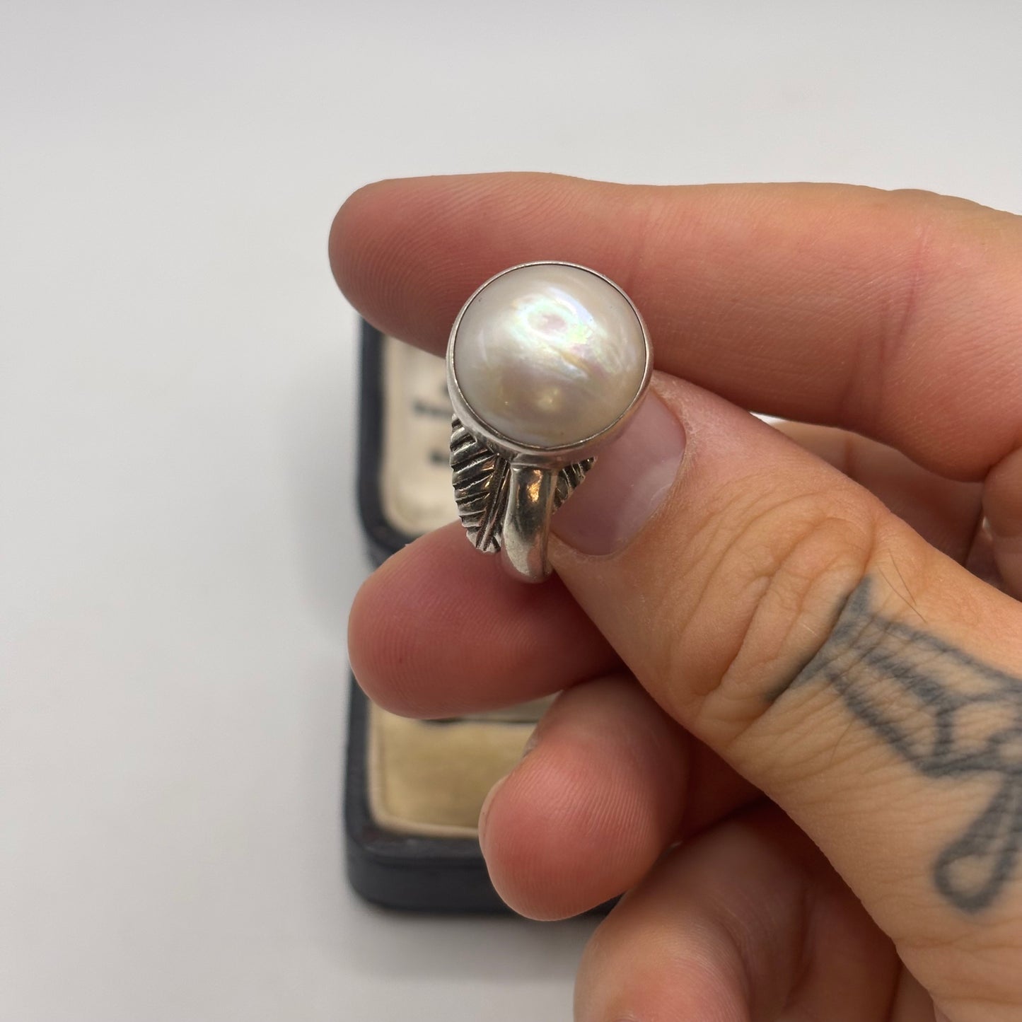 Silver Pearl Feather Ring