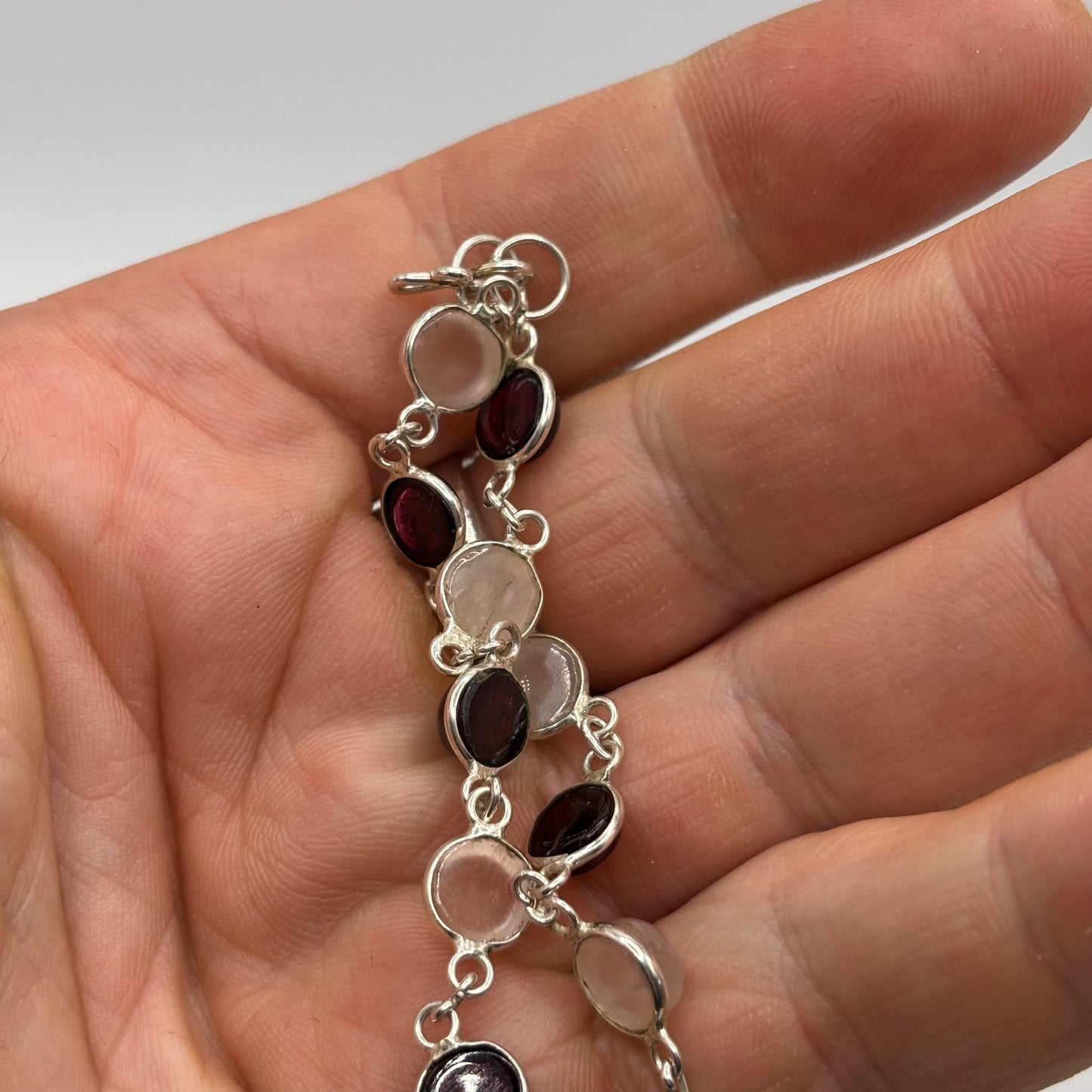 Silver 8” Rose Quartz & Garnet Bracelet