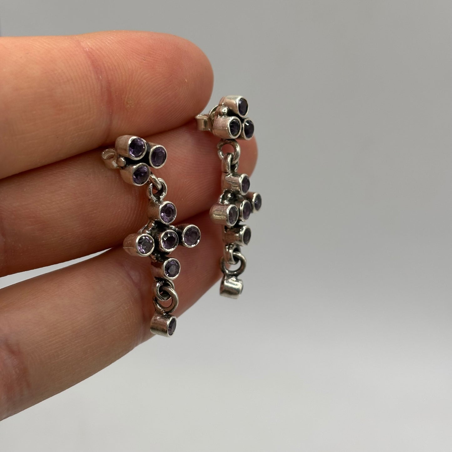 Silver Amethyst Cross Earrings