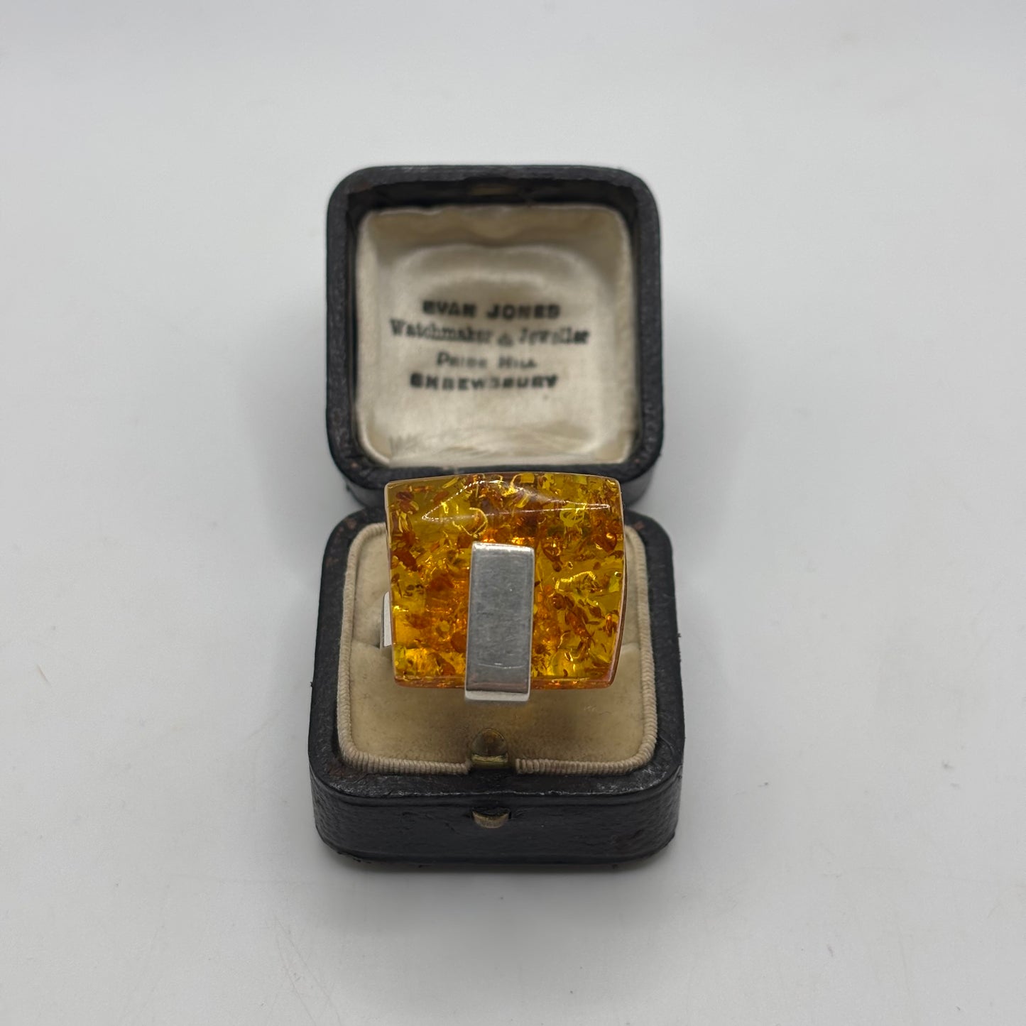 Silver Large Abstract Amber Ring