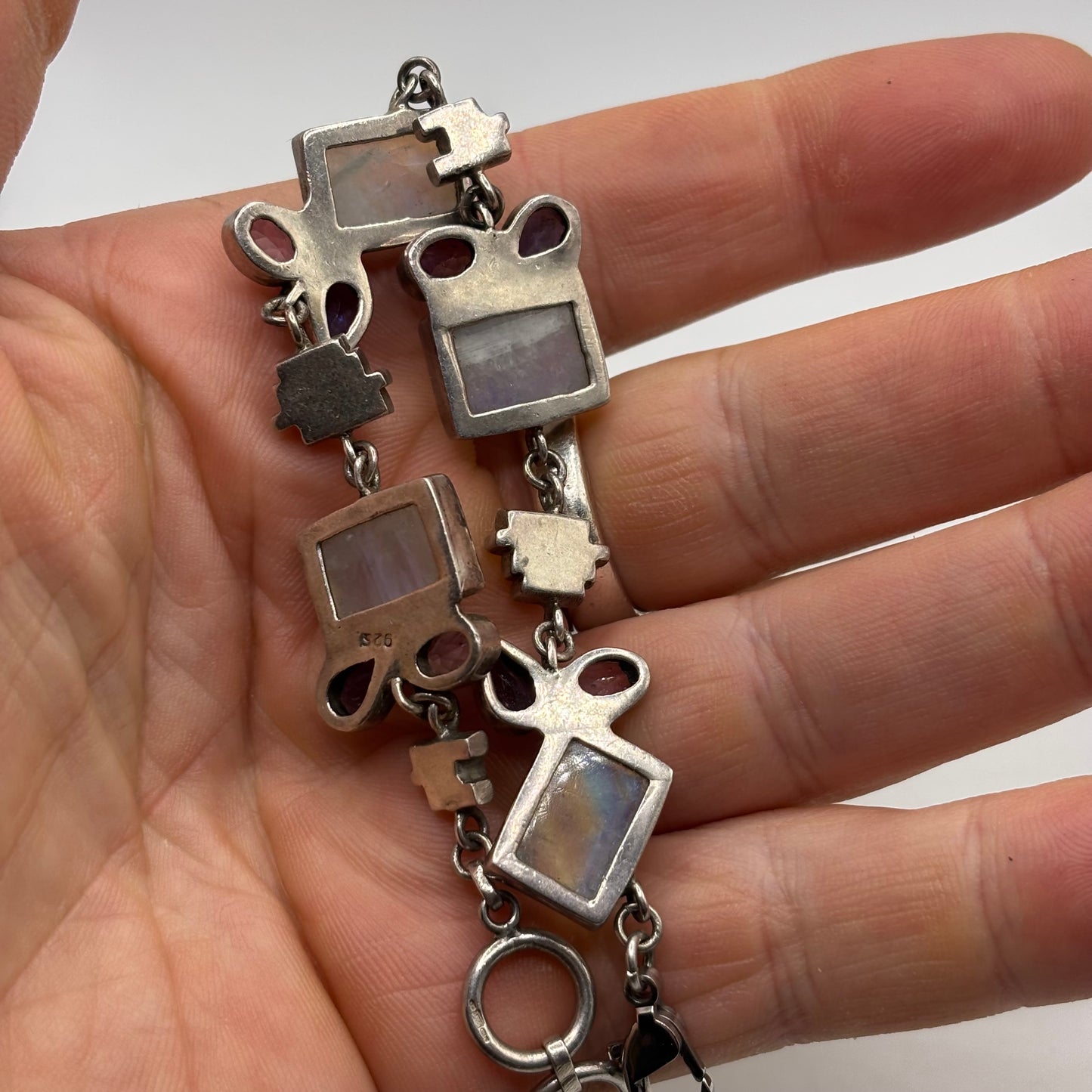 Silver 7”-8” Moonstone & Amethyst Bracelet