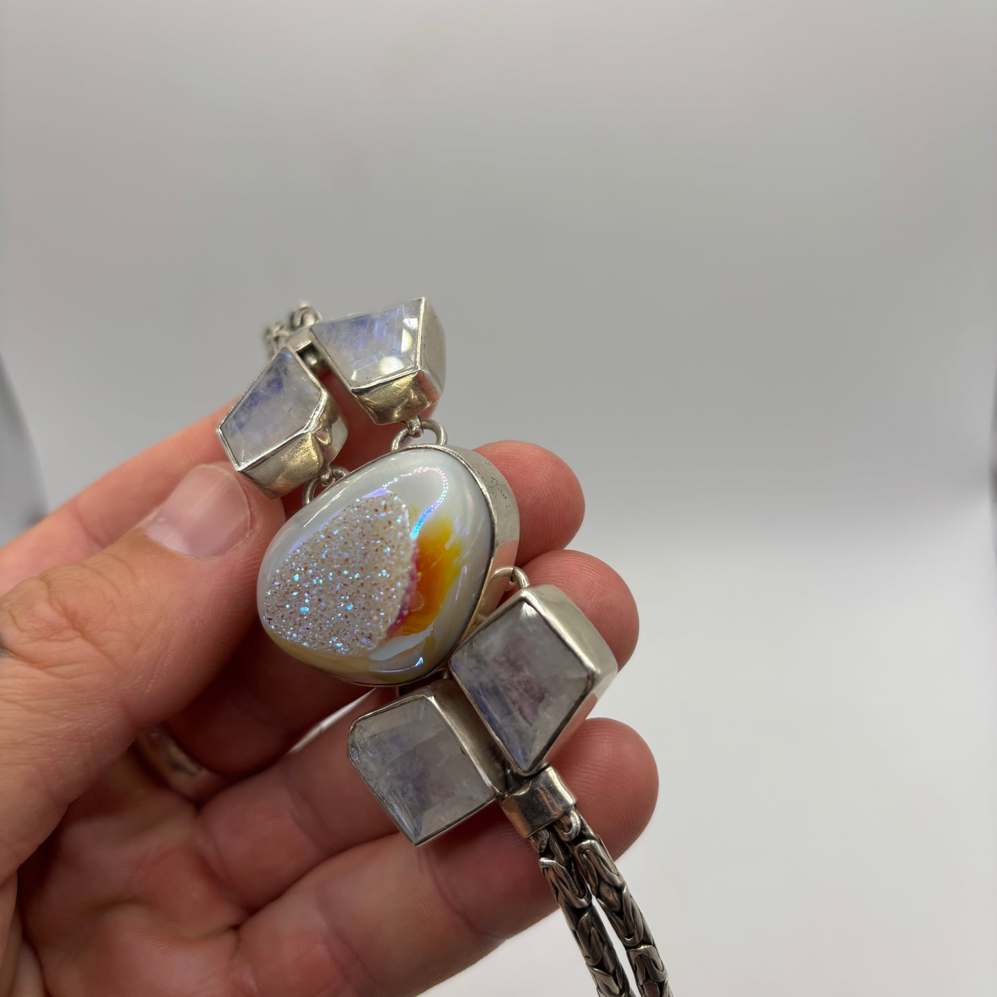 Silver 7.5”-8.5” Druzy Quartz & Moonstone Bracelet