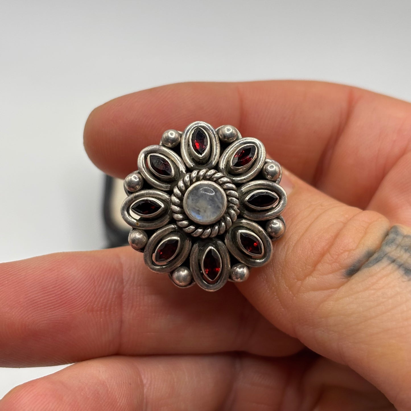 Silver Heavy Indian Moonstone & Garnet Ring