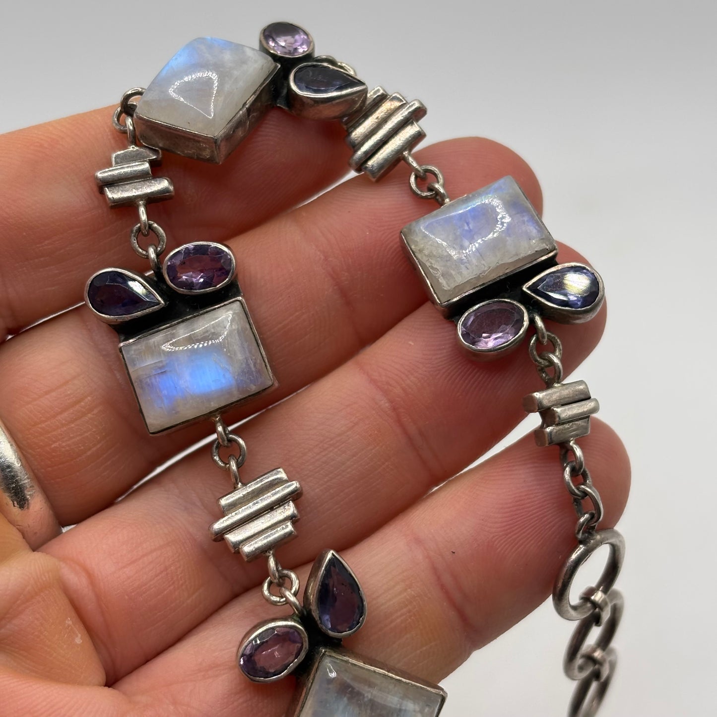 Silver 7”-8” Moonstone & Amethyst Bracelet
