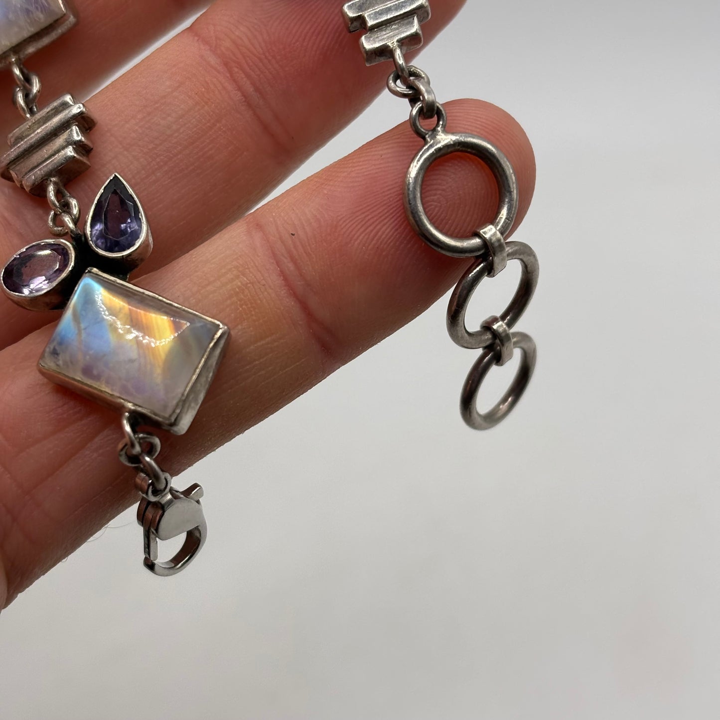 Silver 7”-8” Moonstone & Amethyst Bracelet