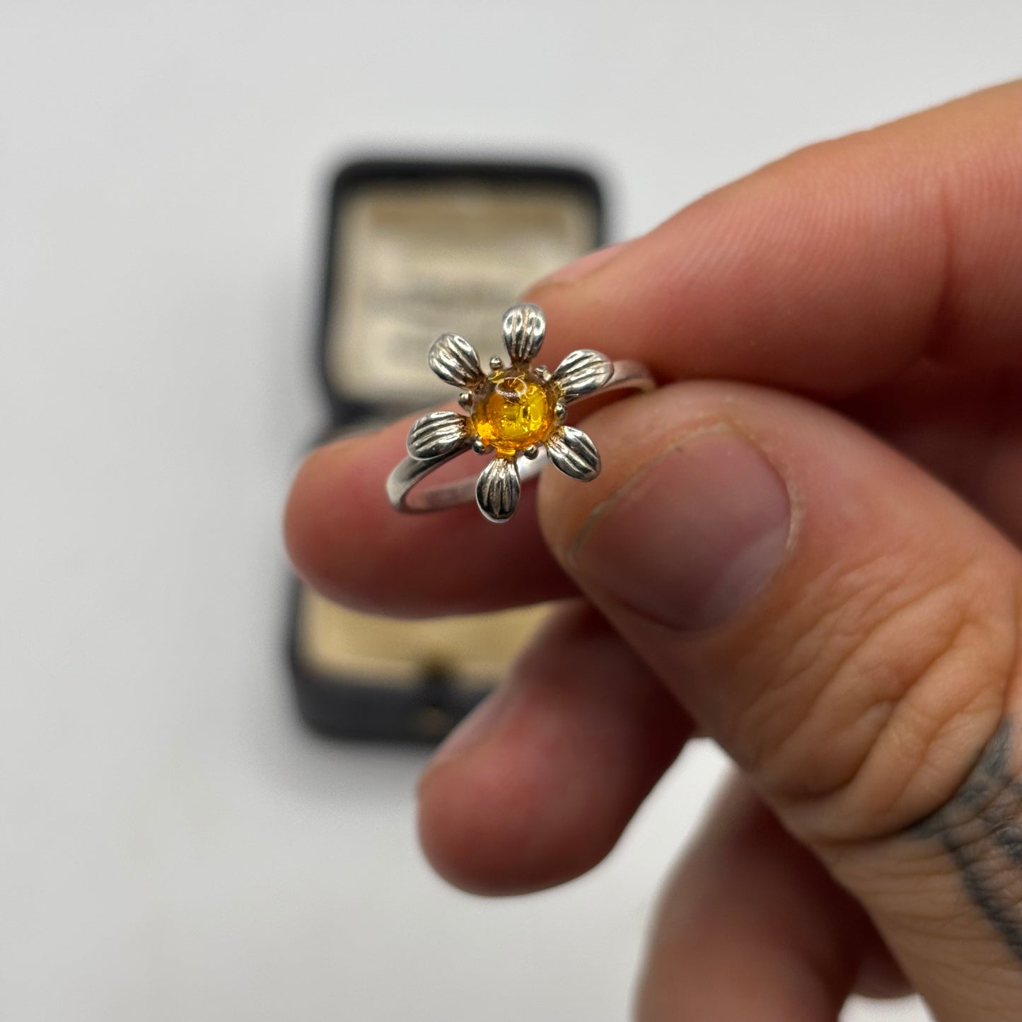 Silver Amber Flower Ring
