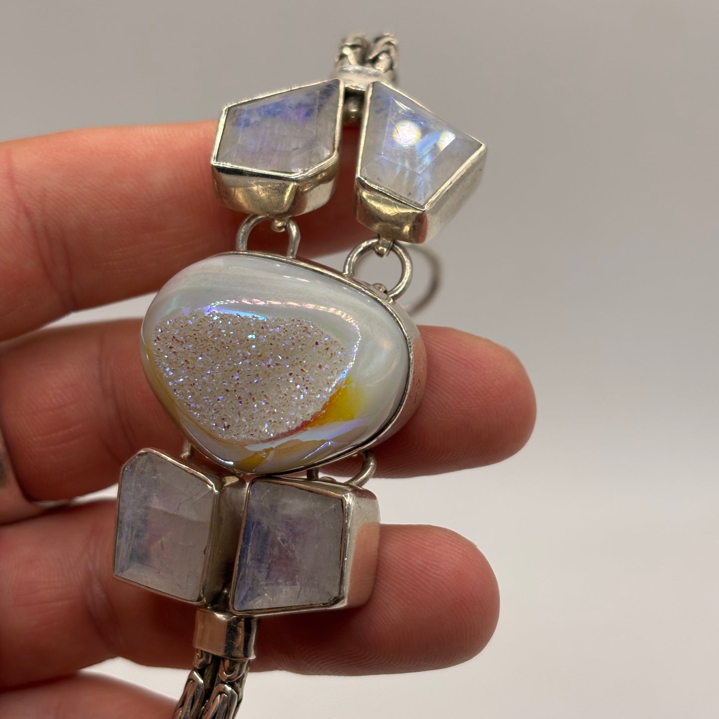 Silver 7.5”-8.5” Druzy Quartz & Moonstone Bracelet