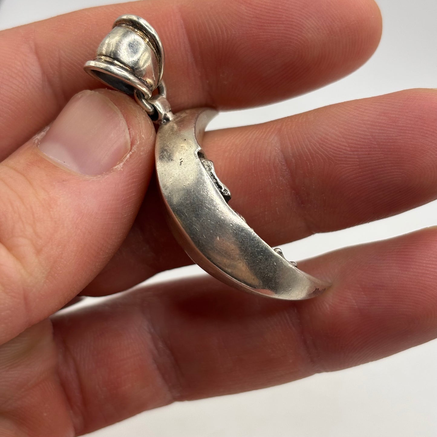 Silver Skull In Moon Pendant