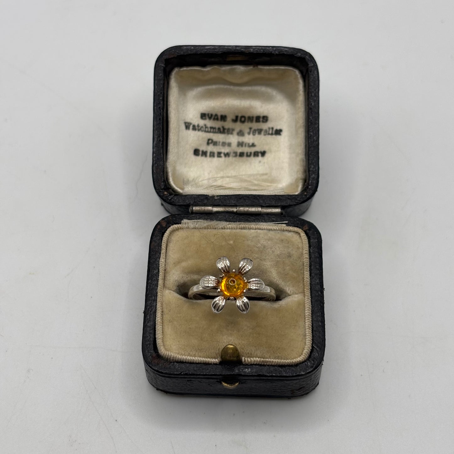 Silver Amber Flower Ring