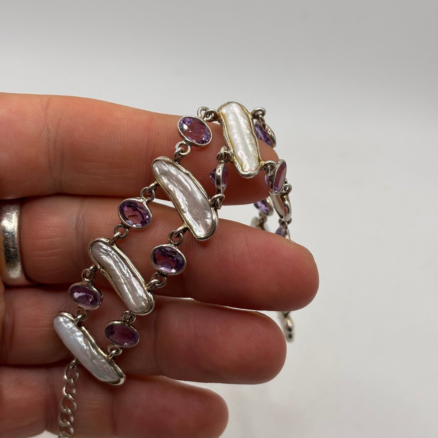 Silver 6.5”-7.5” Amethyst & Pearl Bracelet