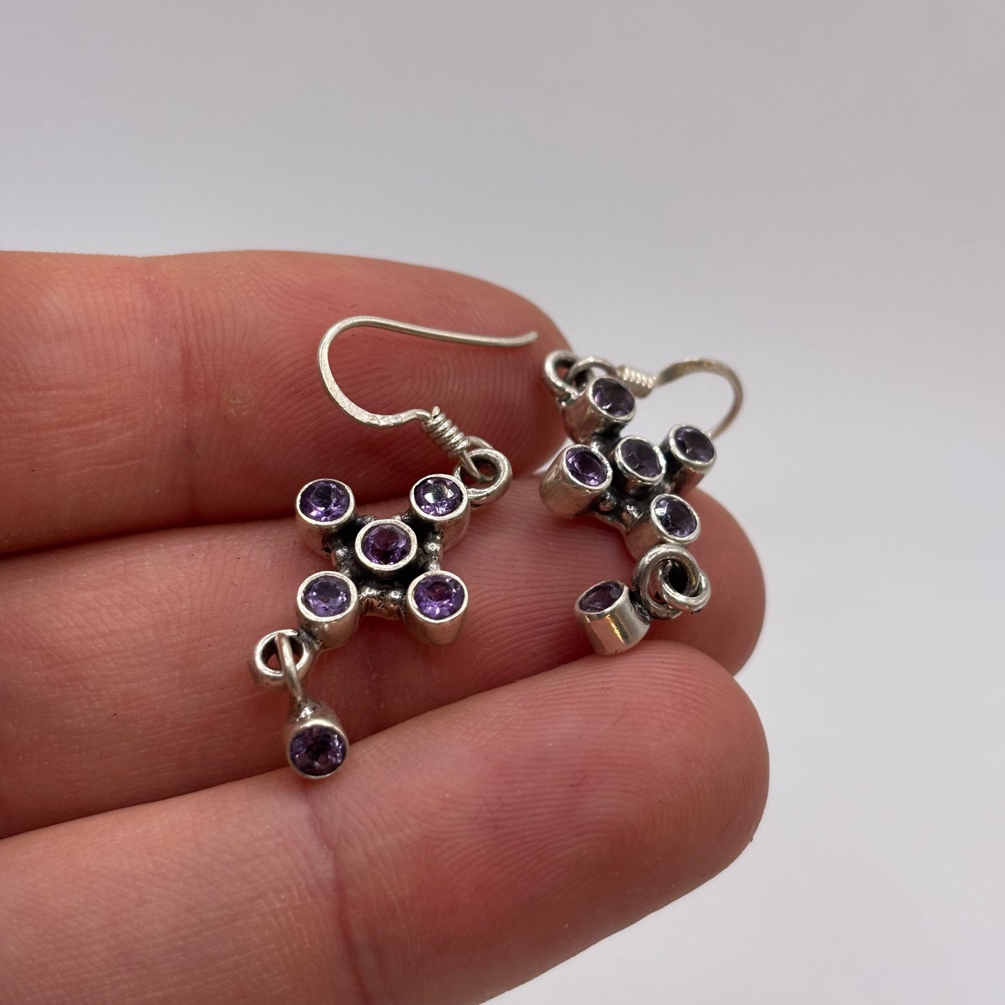 Silver Amethyst Cross Earrings