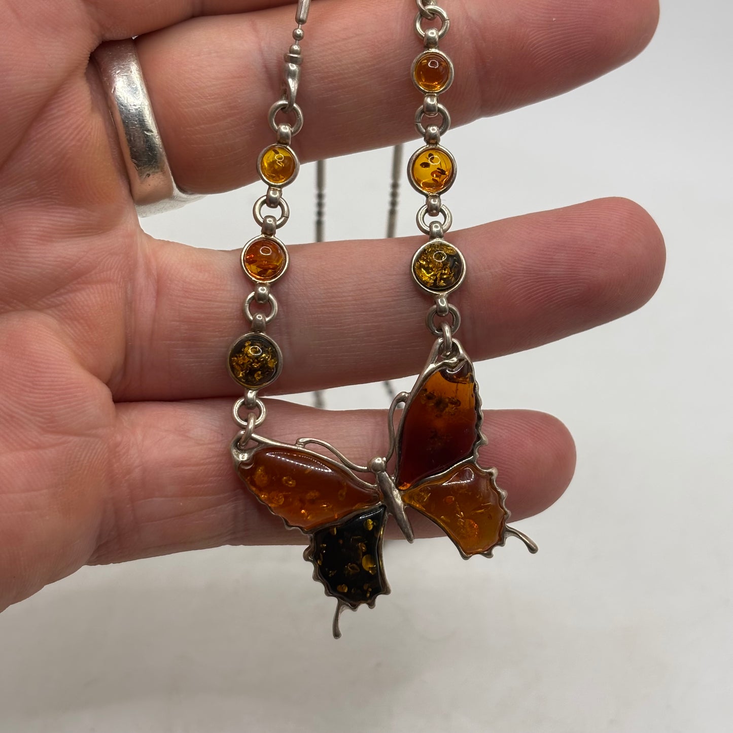 Silver 20” Amber Butterfly Necklace
