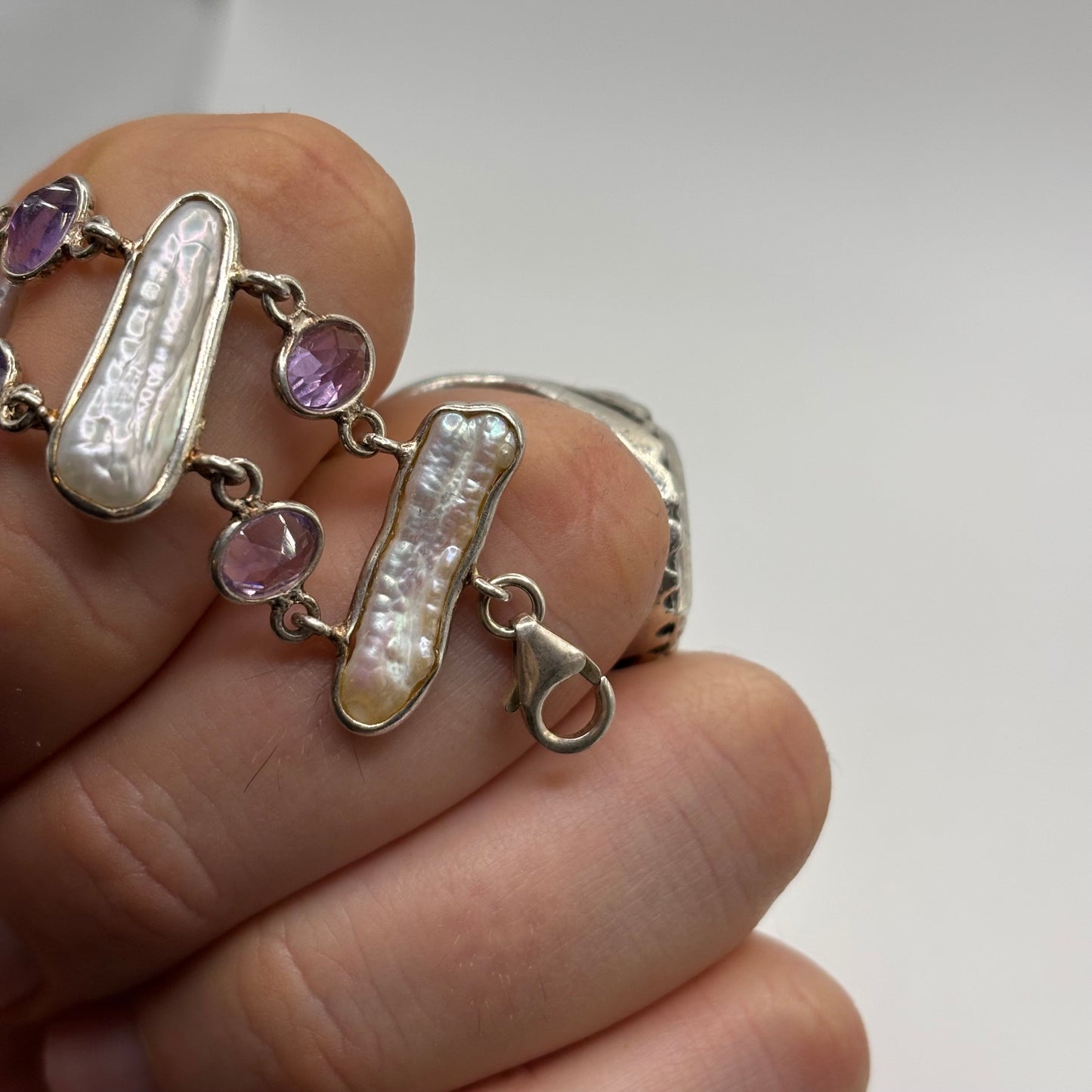 Silver 6.5”-7.5” Amethyst & Pearl Bracelet