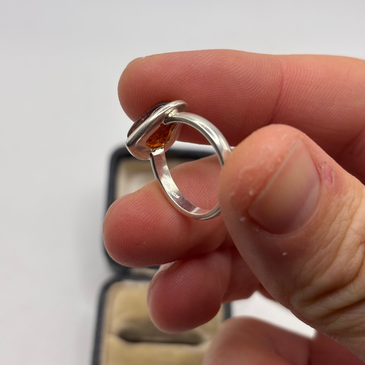 Silver Amber Heart Ring