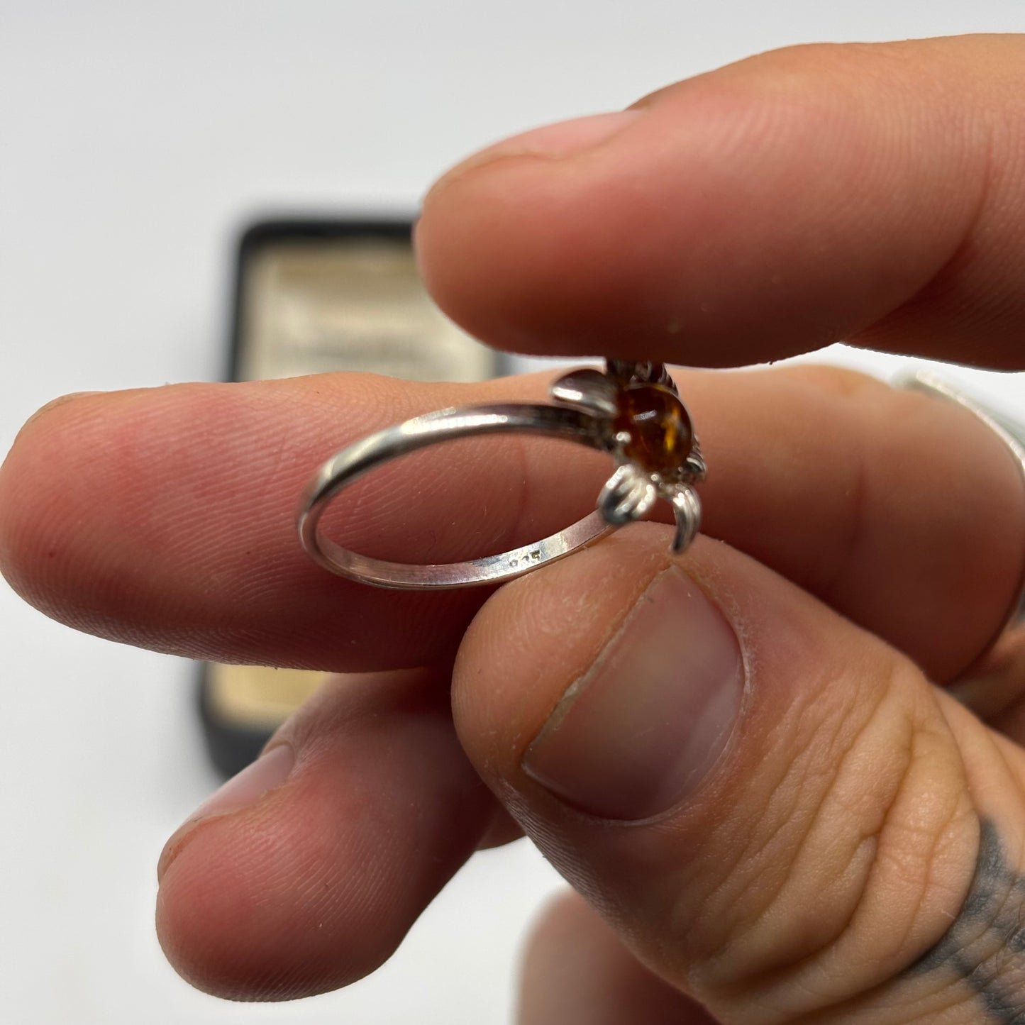 Silver Amber Flower Ring