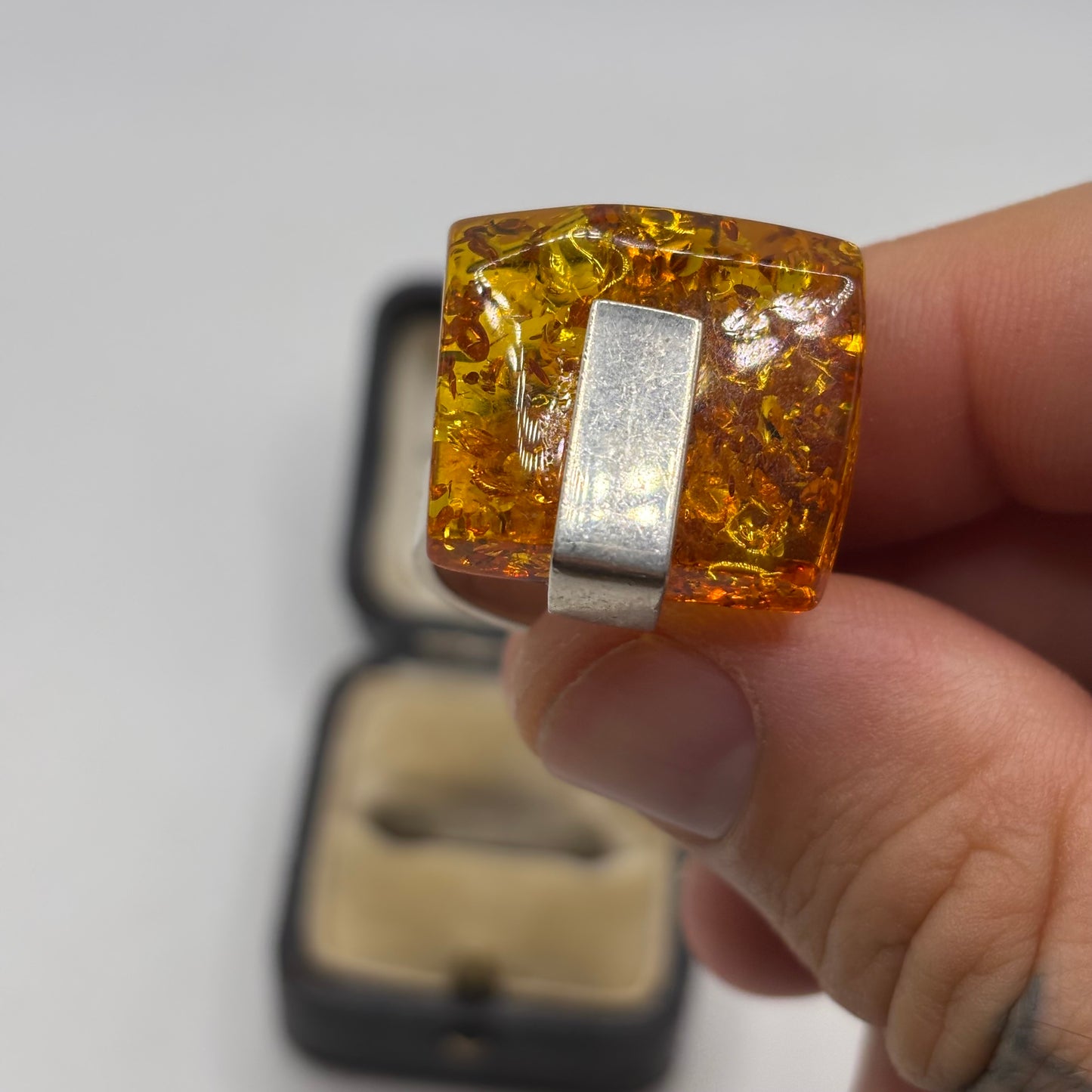 Silver Large Abstract Amber Ring