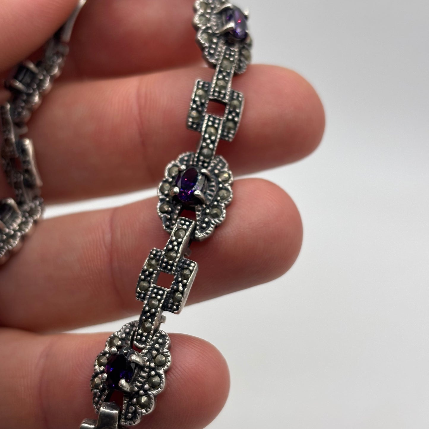 Silver 7.5” Amethyst & Marcasite Bracelet
