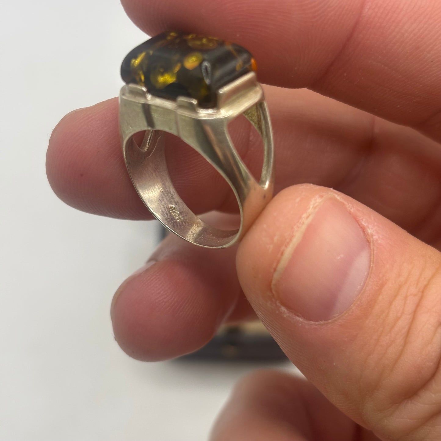 Silver Chunky Green Amber Ring (N)