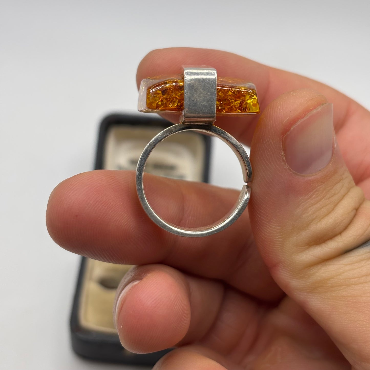 Silver Large Abstract Amber Ring