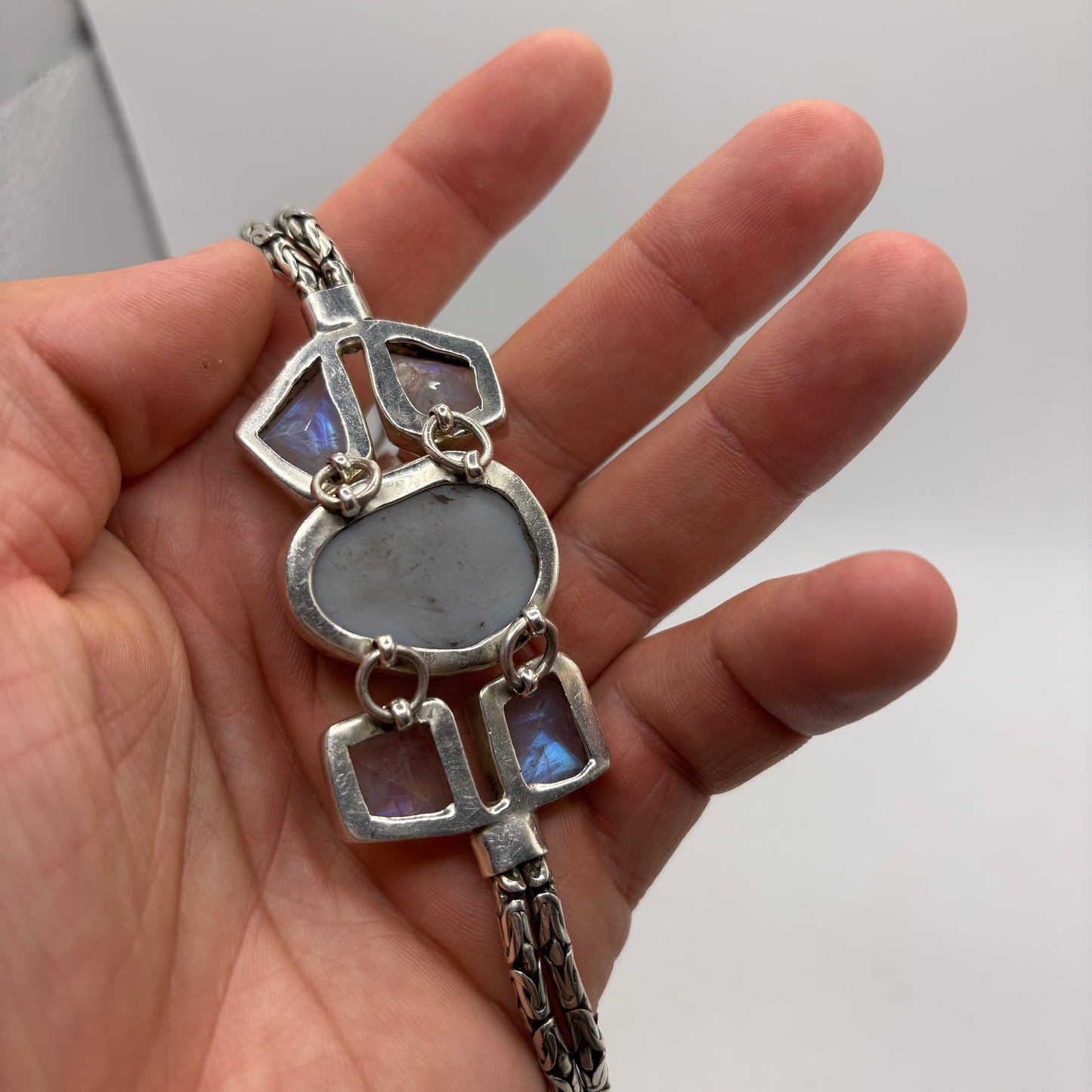 Silver 7.5”-8.5” Druzy Quartz & Moonstone Bracelet