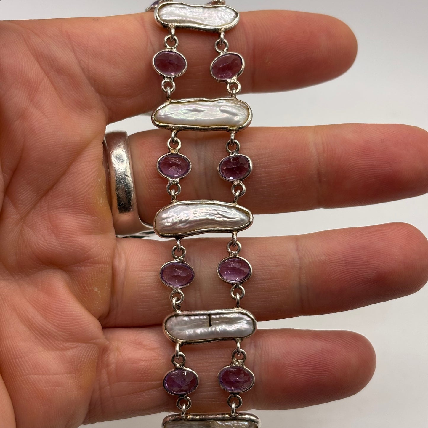 Silver 6.5”-7.5” Amethyst & Pearl Bracelet