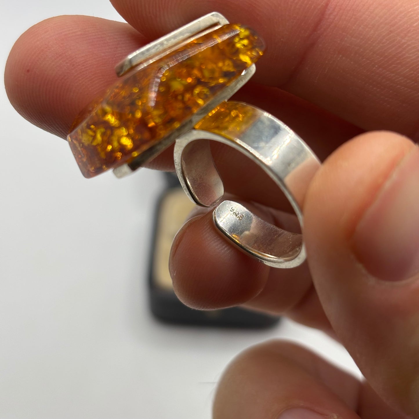 Silver Large Abstract Amber Ring
