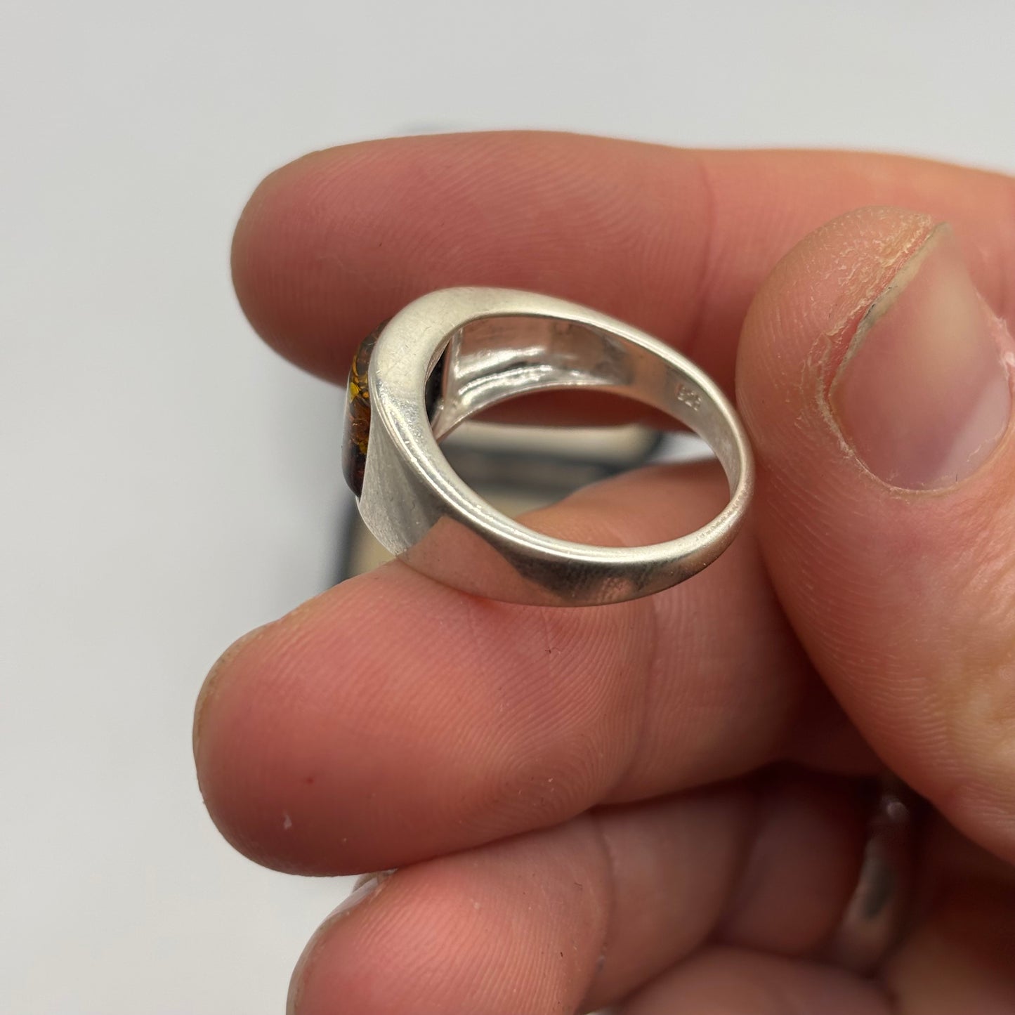 Silver Amber Inlayed Ring