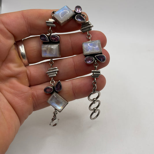 Silver 7”-8” Moonstone & Amethyst Bracelet
