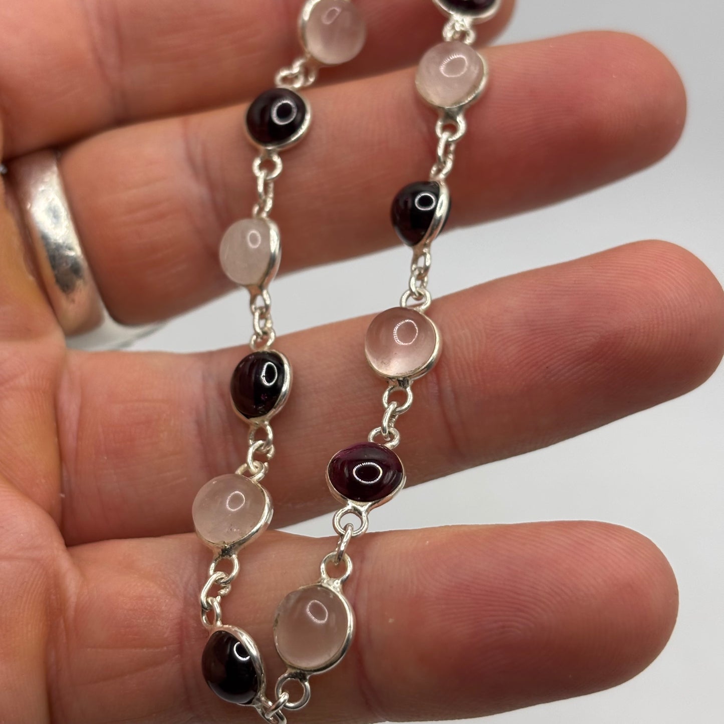 Silver 8” Rose Quartz & Garnet Bracelet