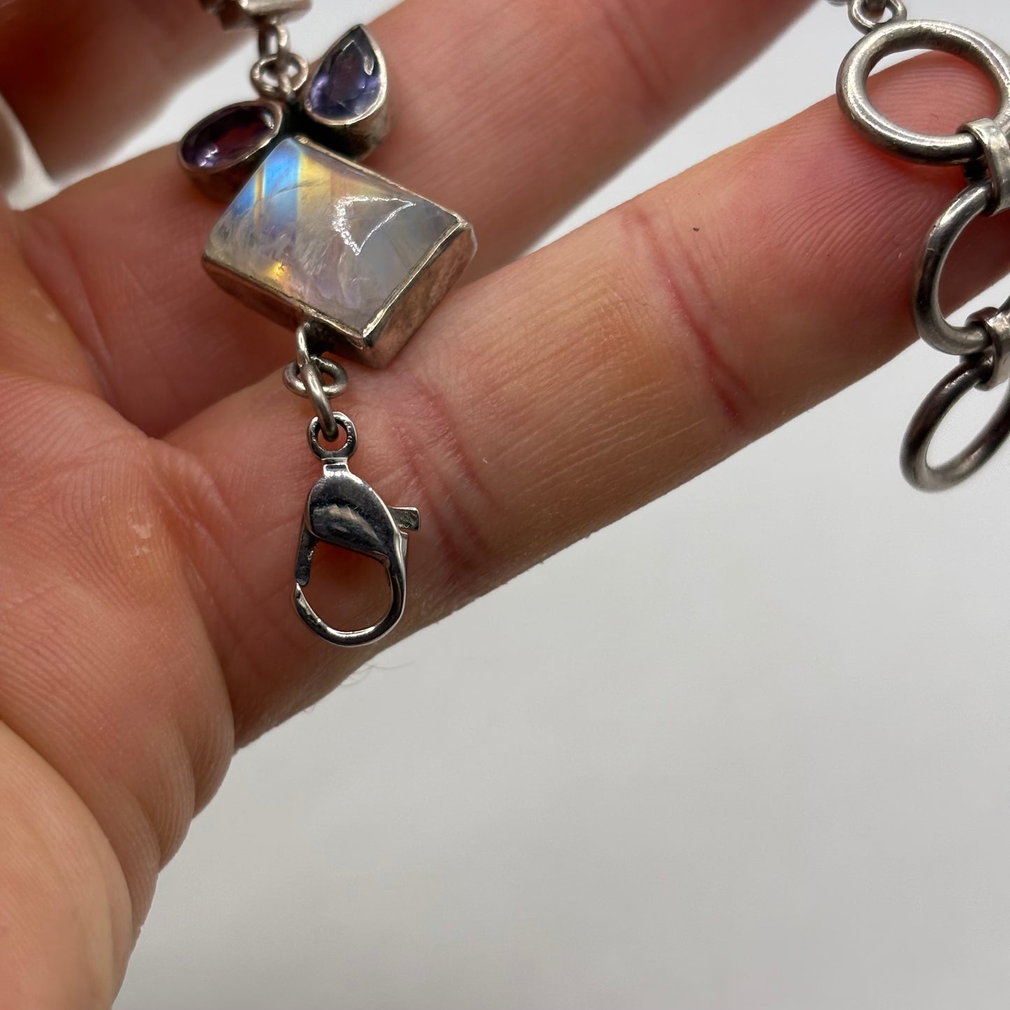 Silver 7”-8” Moonstone & Amethyst Bracelet