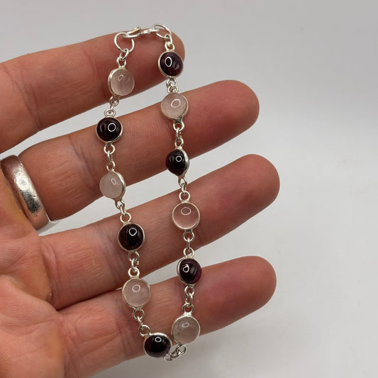 Silver 8” Rose Quartz & Garnet Bracelet