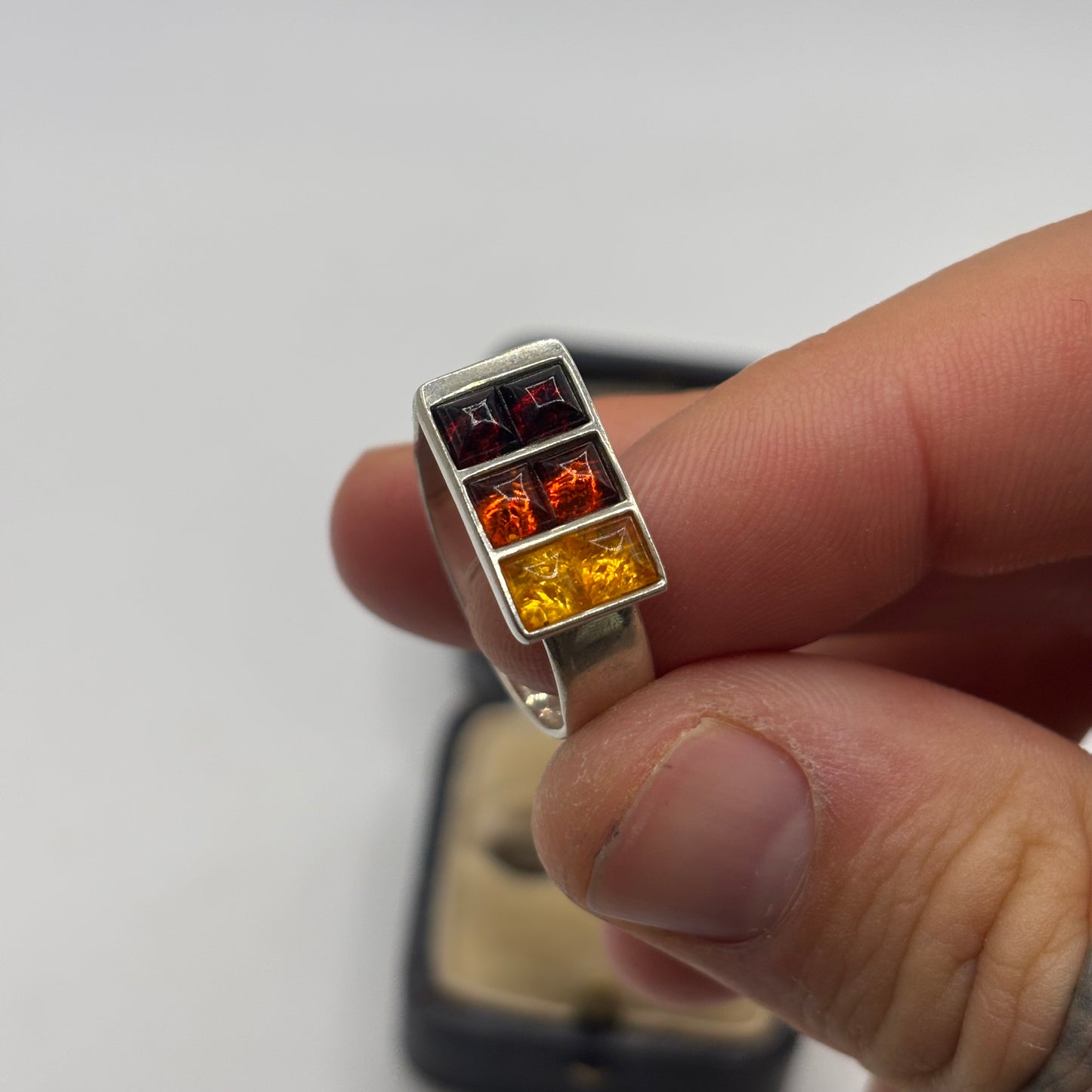 Silver Mixed Amber Abstract Ring