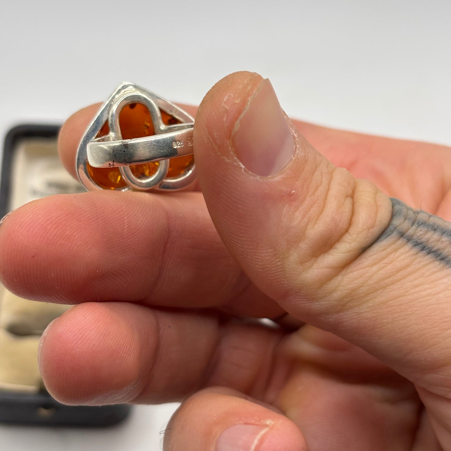 Silver Large Amber Heart Ring