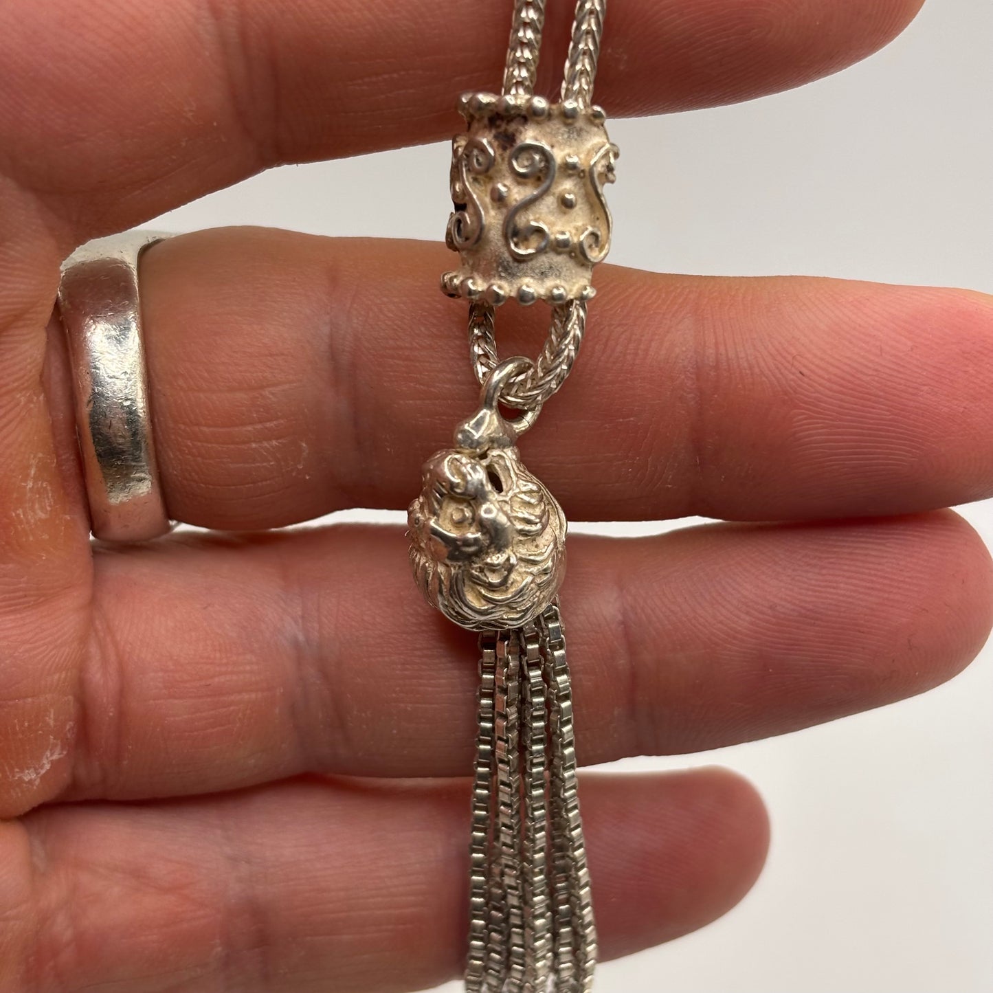 Silver 16” Tigers Head Tassel Necklace