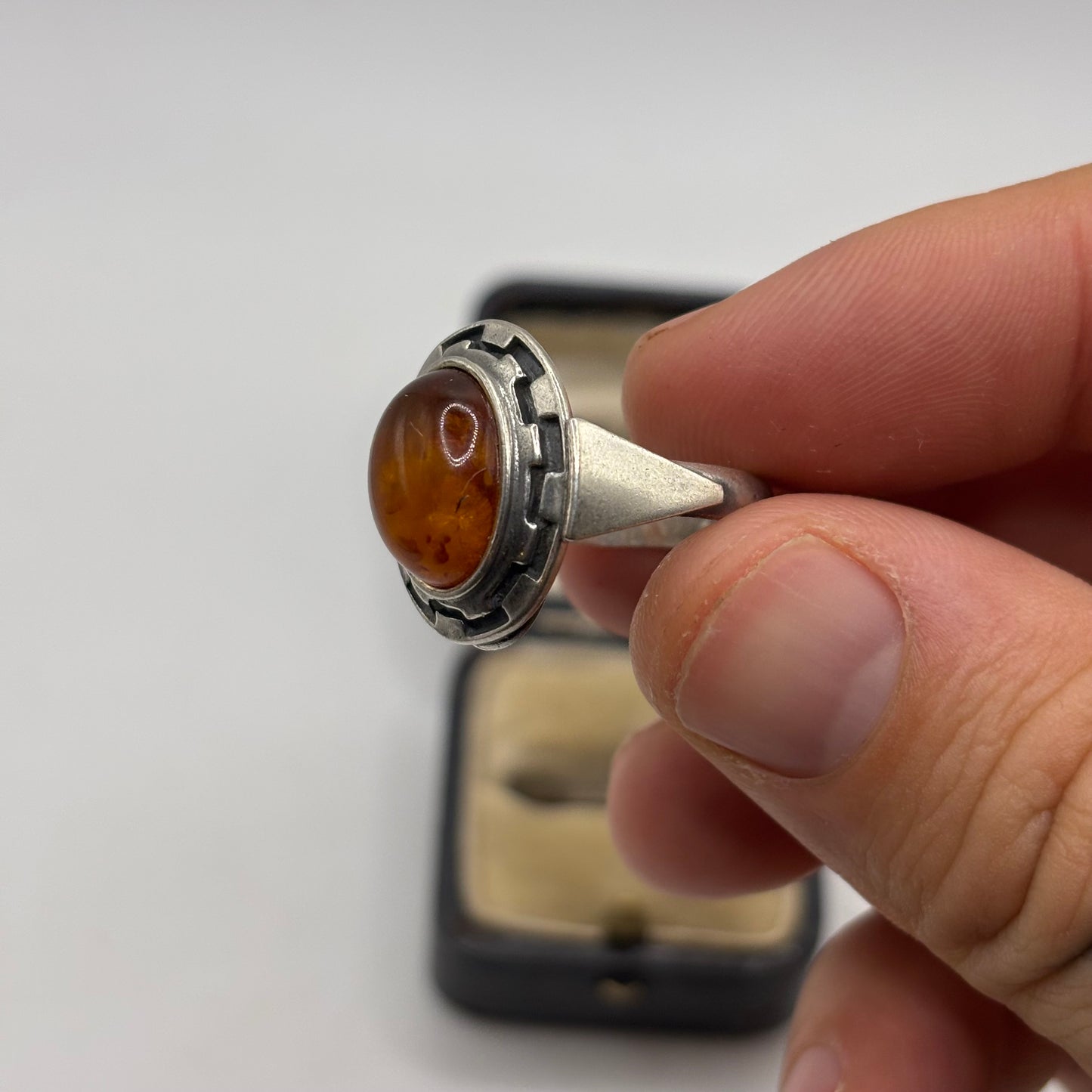 Silver Greek Amber Ring