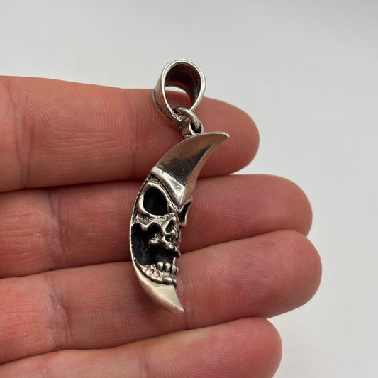 Silver Skull In Moon Pendant