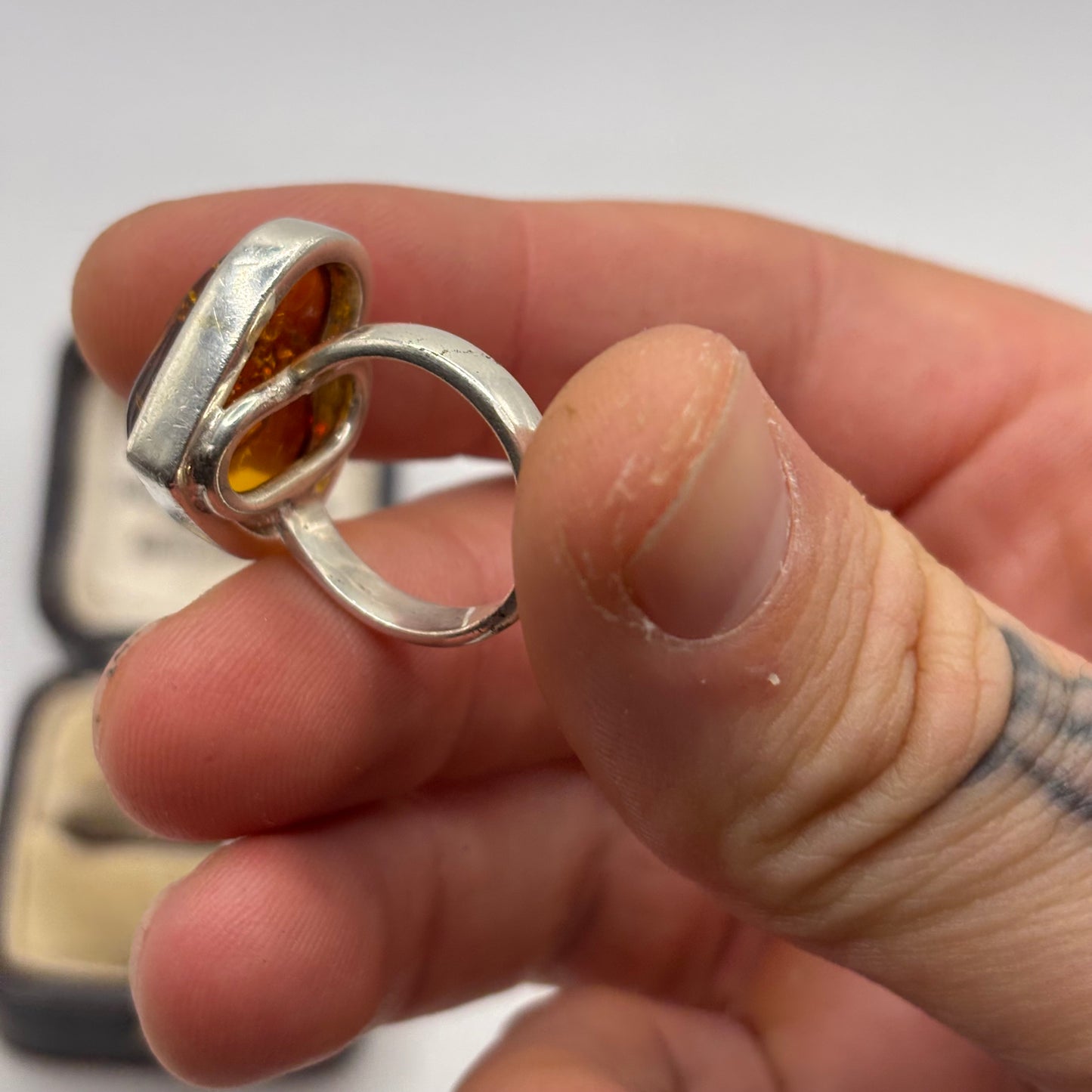 Silver Large Amber Heart Ring