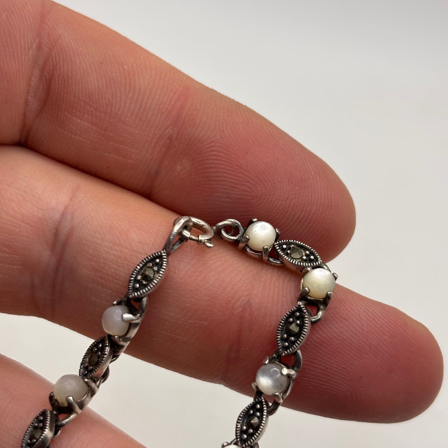 Silver 7” Pearl & Marcasite Bracelet