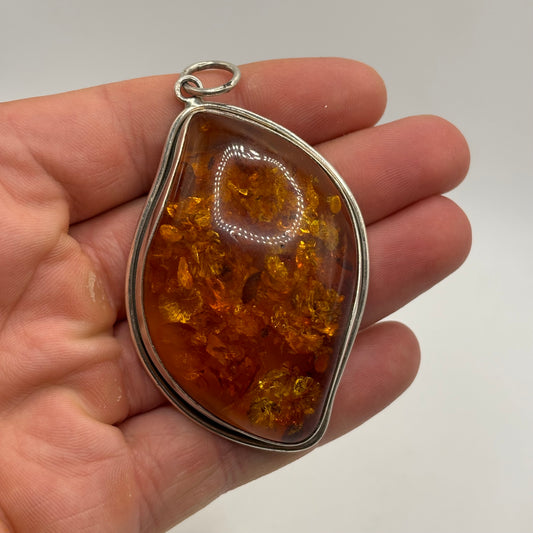Huge Silver Amber Pendant