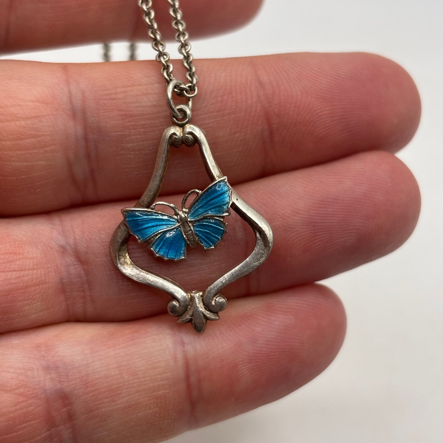Silver 18” Art Deco Butterfly Enamel Necklace