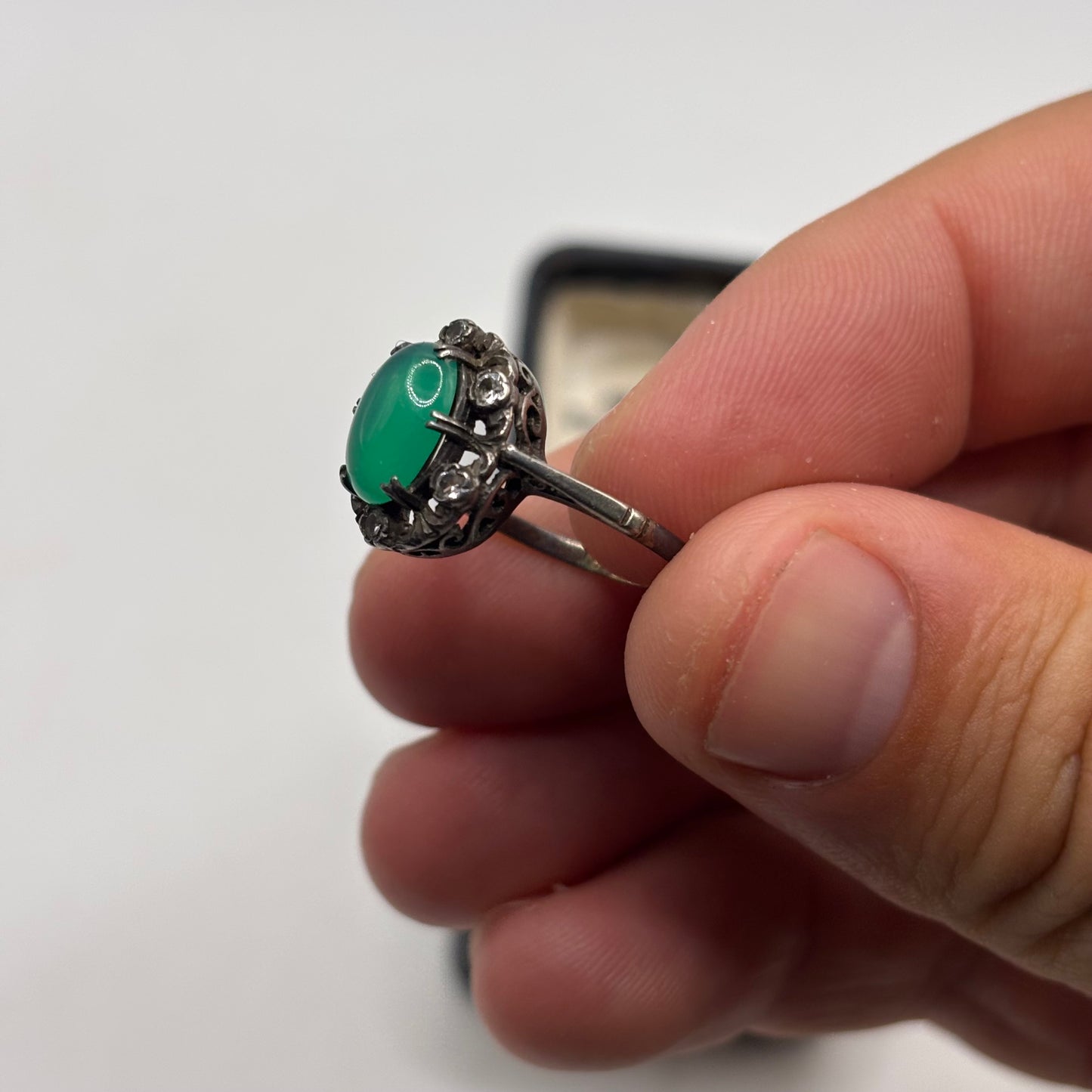 Silver Vintage Jade & CZ Ring (N)