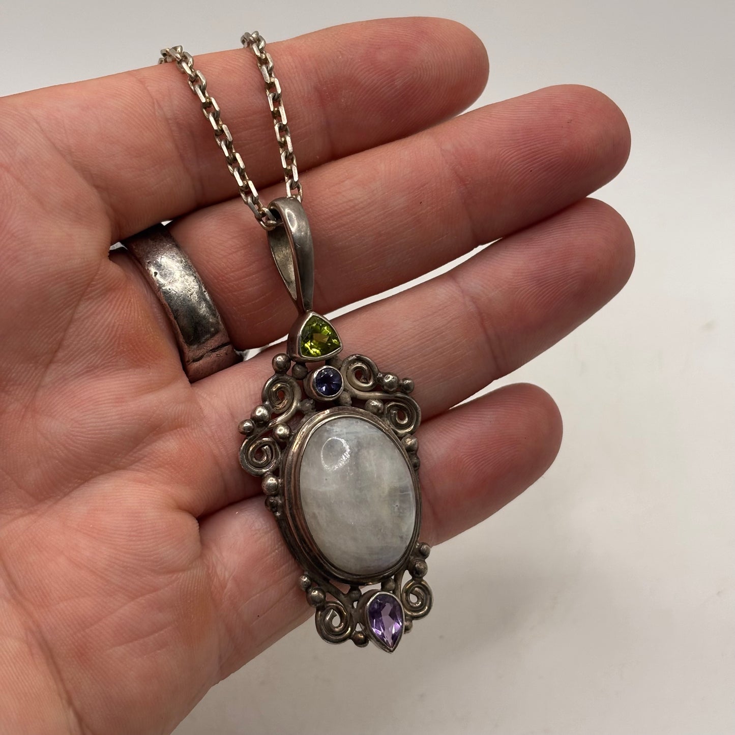 Silver 26” Heavy Moonstone Necklace