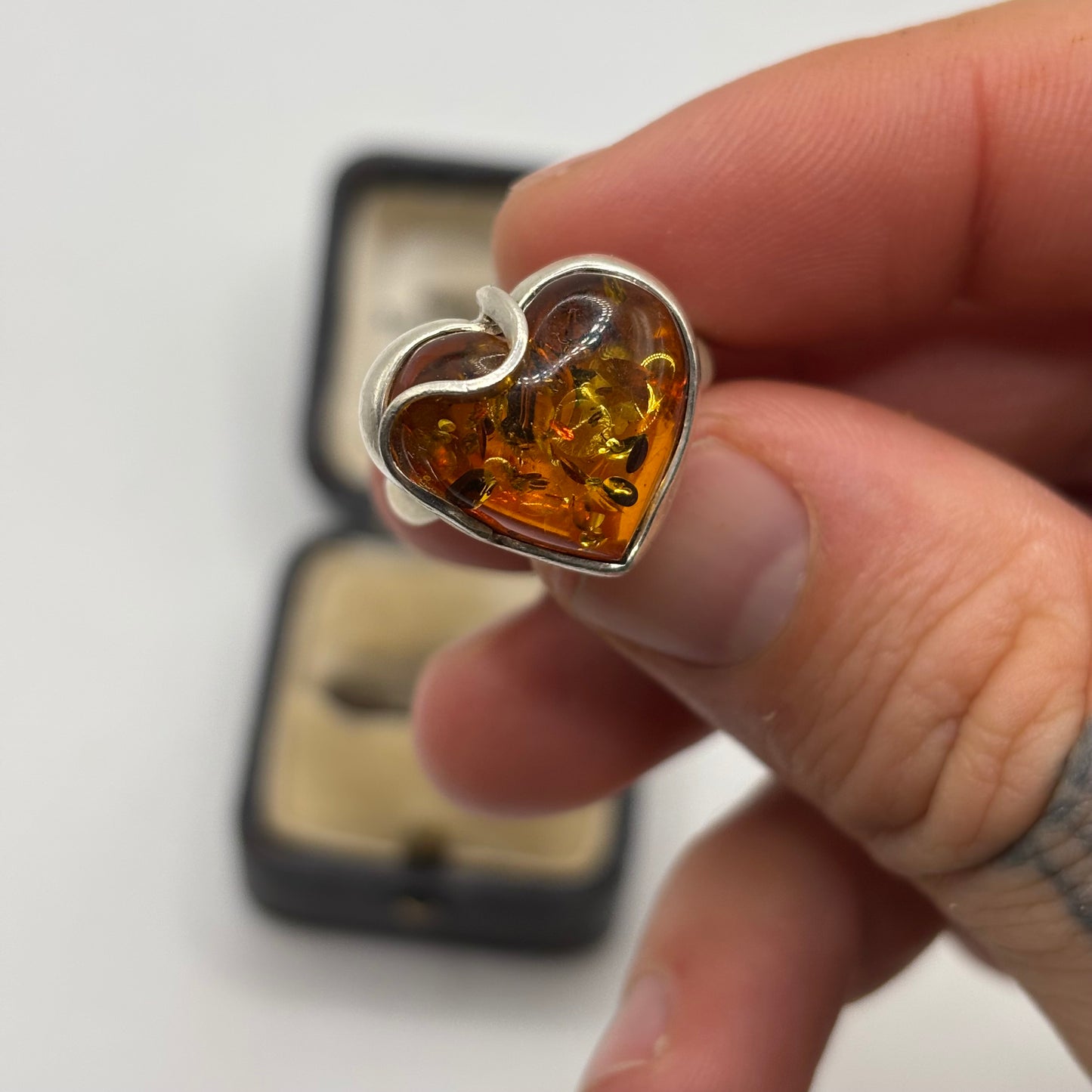 Silver Amber Heart Ring