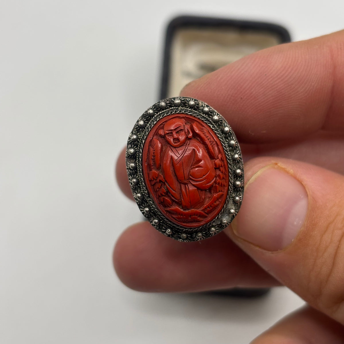 Silver 1920s Chinese Cinnabar Ring (O)