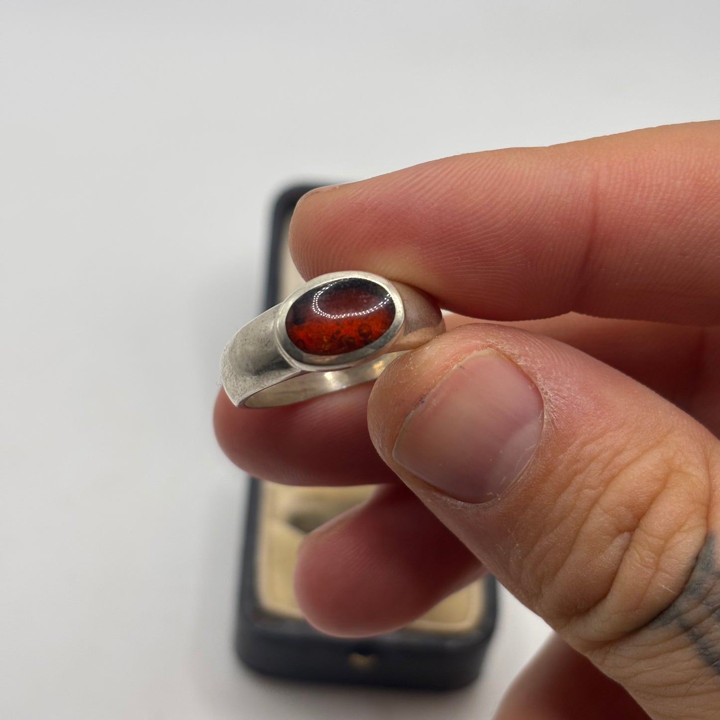 Silver Amber Inlayed Ring