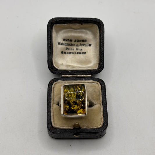 Silver Green Amber Ring