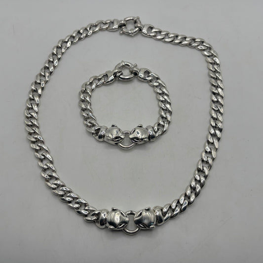 Silver Double Headed Panther Bracelet & Necklace Set