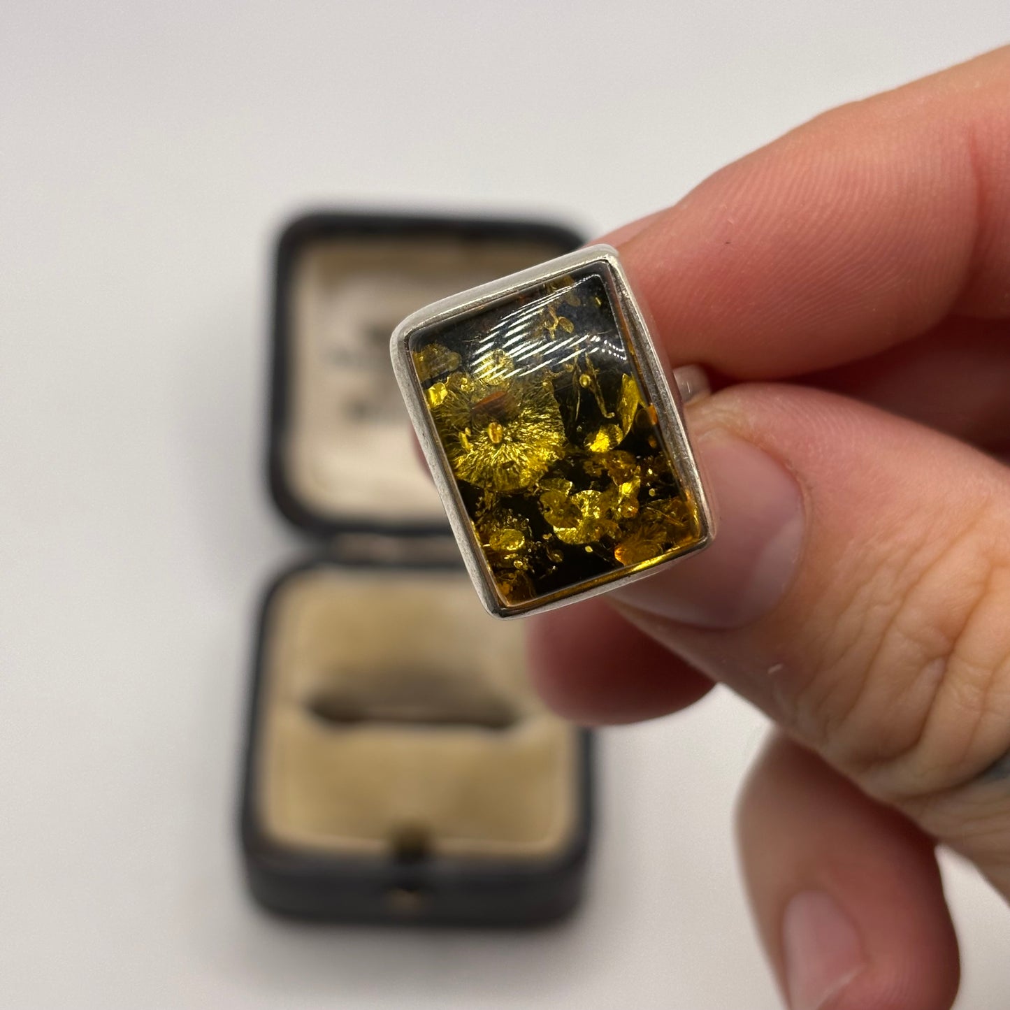 Silver Green Amber Ring